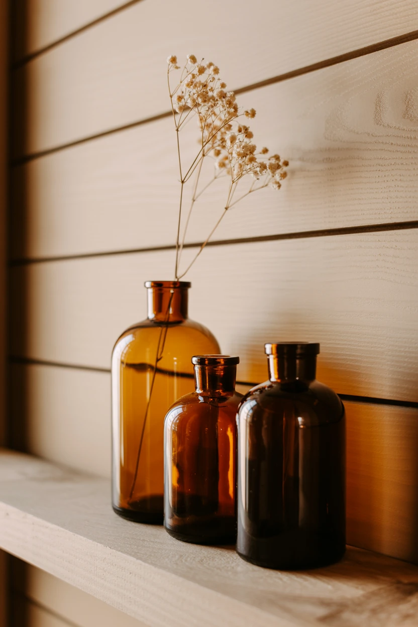A Set of Matching Amber Glass Bottles