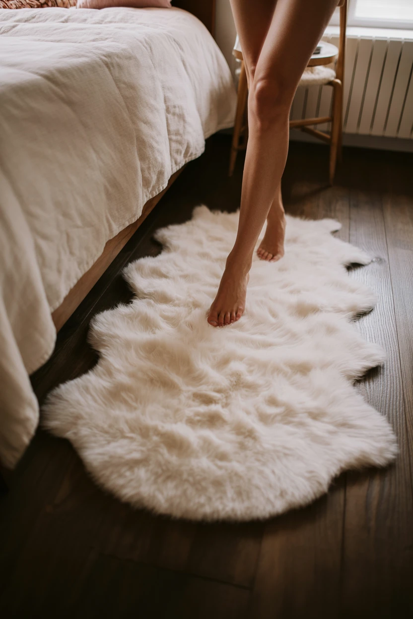 Place a Faux Sheepskin Rug on Each Side of the Bed