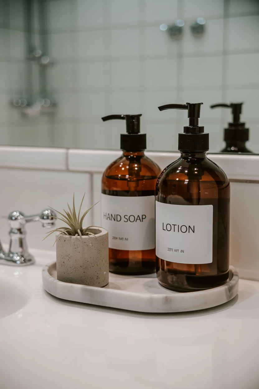 Decant Soaps and Lotions into Amber Glass Bottles