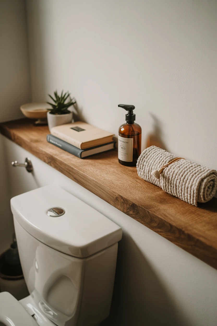 Install a Single Floating Wooden Shelf Above the Toilet