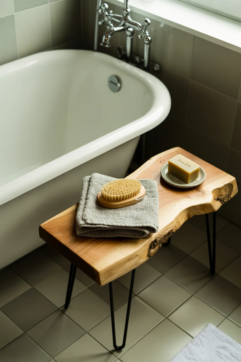 A Live-Edge Wood Bench Beside the Bathtub