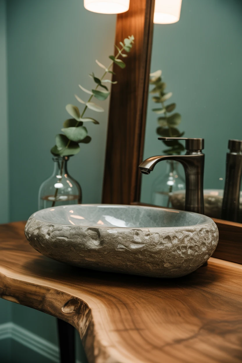 A Carved River Stone Sink as a Natural Focal Point