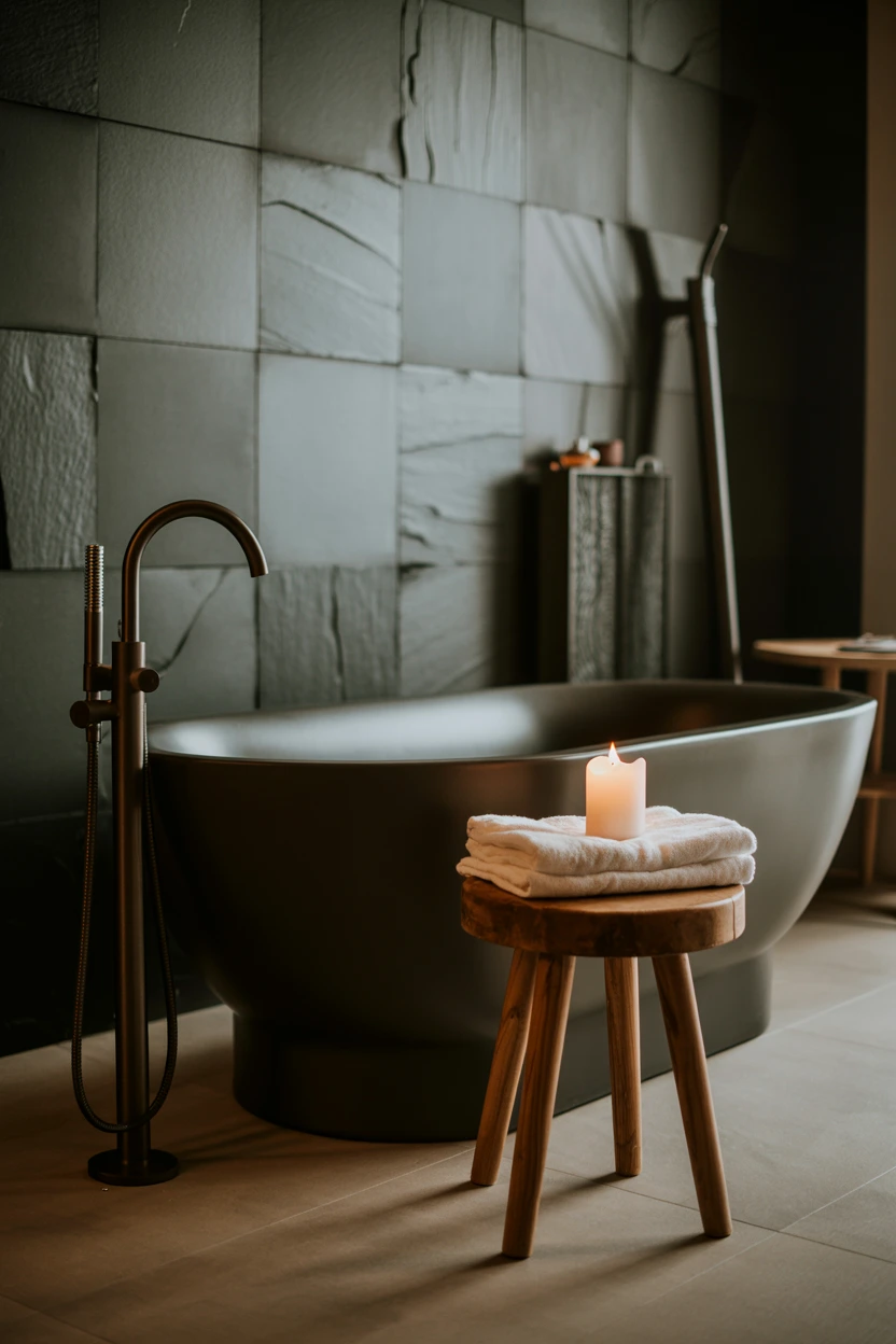 A Matte Black Freestanding Tub Against a Slate Wall