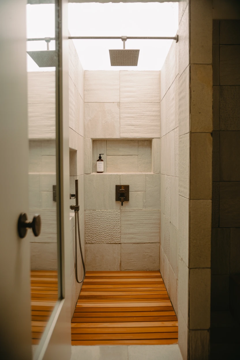 A Frameless Glass Shower with a Teak Wood Floor