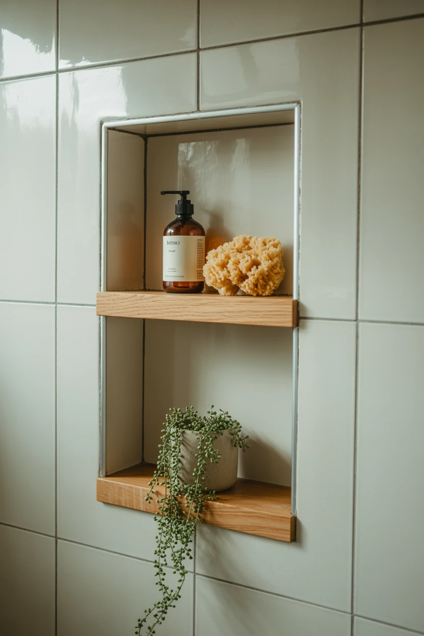 Built-In Wall Niches with Thick Oak Shelves