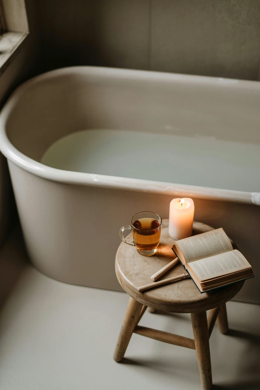 Use a Rustic Stool as a Bathtub Caddy