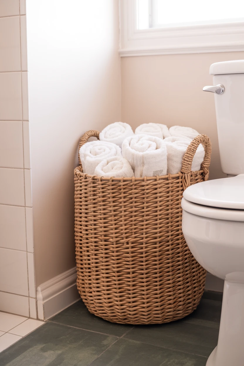 Use a Woven Basket for Towel or Toilet Paper Storage