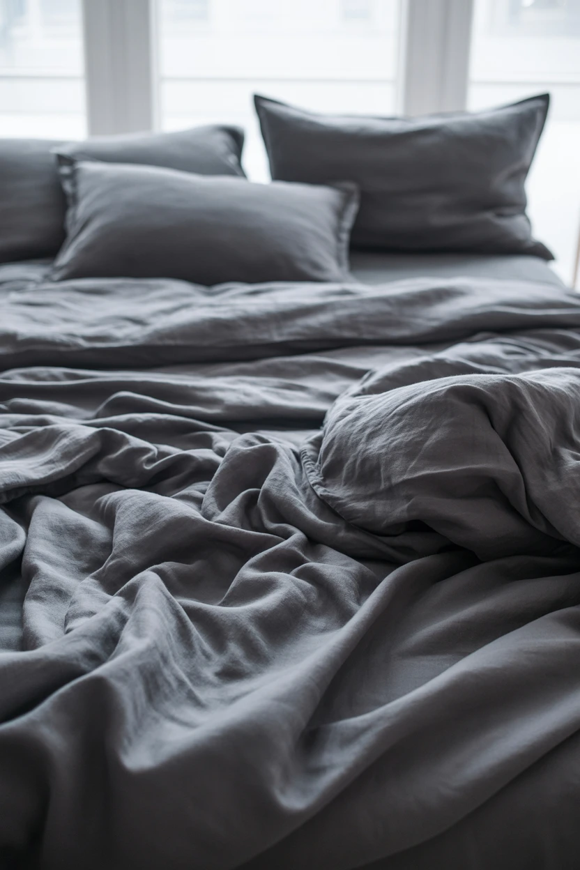 An Unmade Bed with Dark Linens