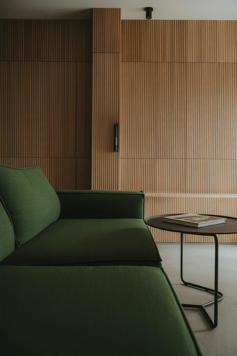 Make a Statement with Fluted Wall Panels Behind a Velvet Sofa