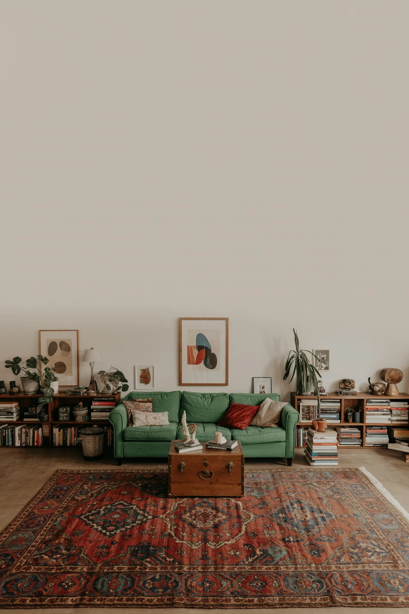 Layer a Green Sofa with a Bold, Colorful Persian Rug