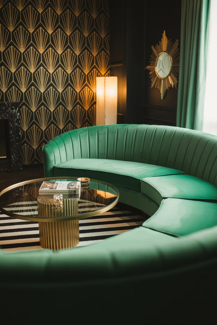 Evoke Art Deco Glamour with a Curved Green Sofa