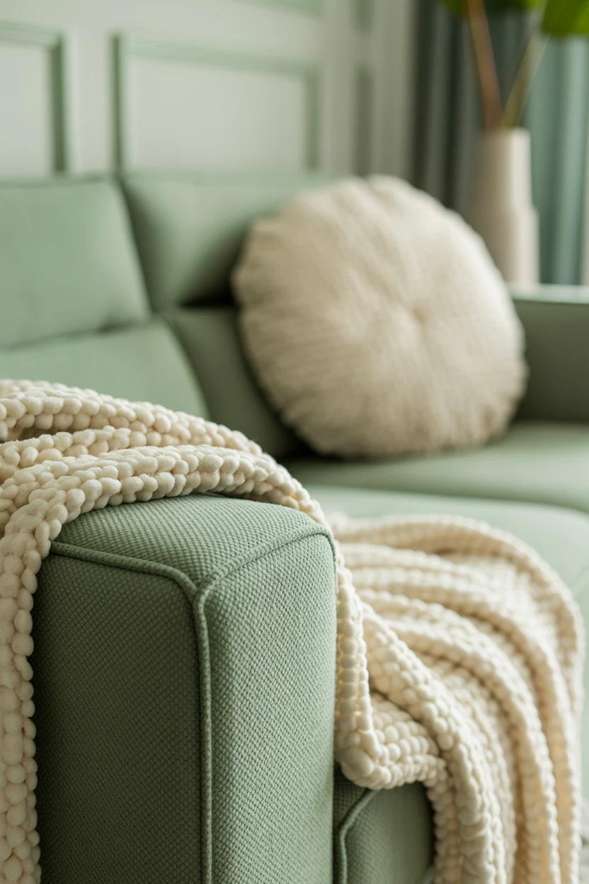 Embrace Softness with a Sage Green Sofa and Creamy Boucle