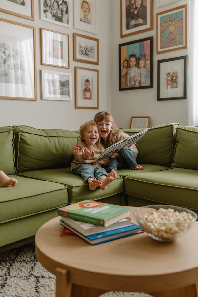 Anchor a Family Room with a Large Green Sectional and a Gallery Wall