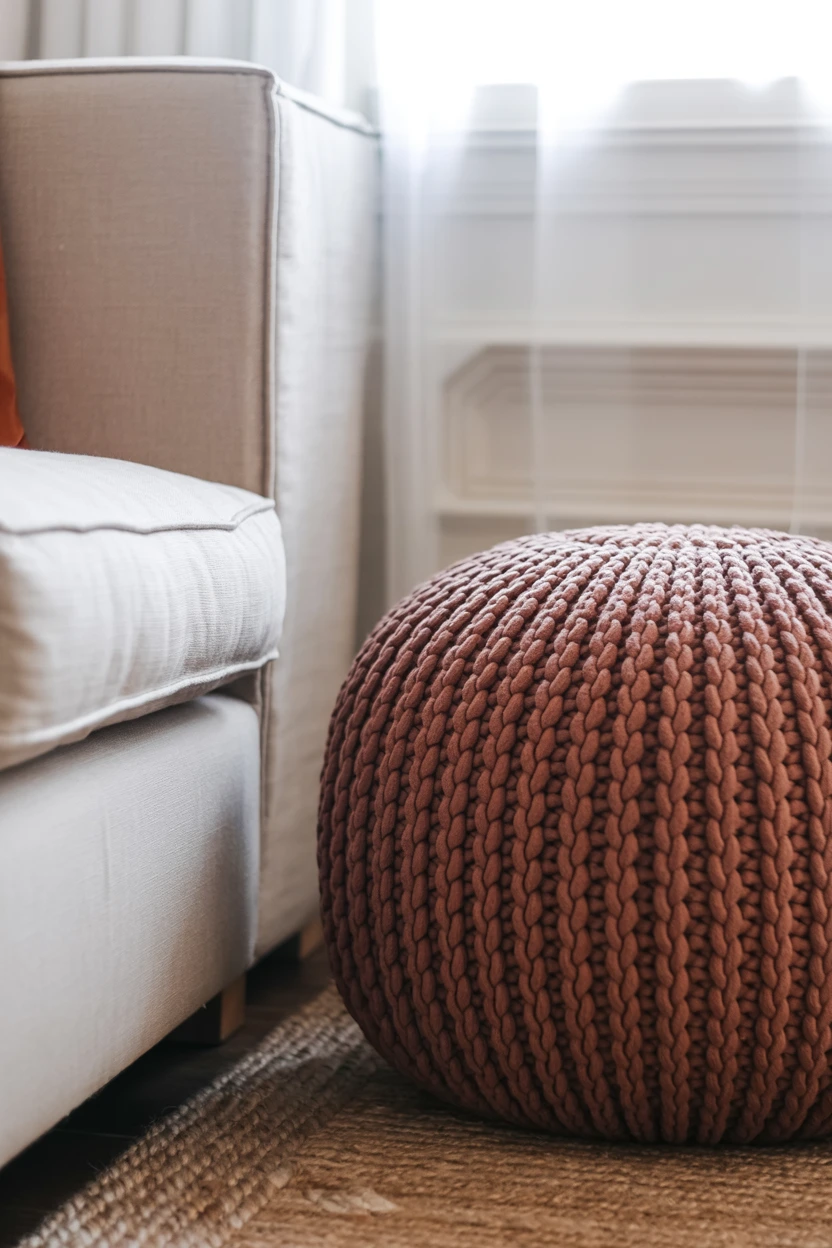 A Cozy Burgundy Knit Pouf