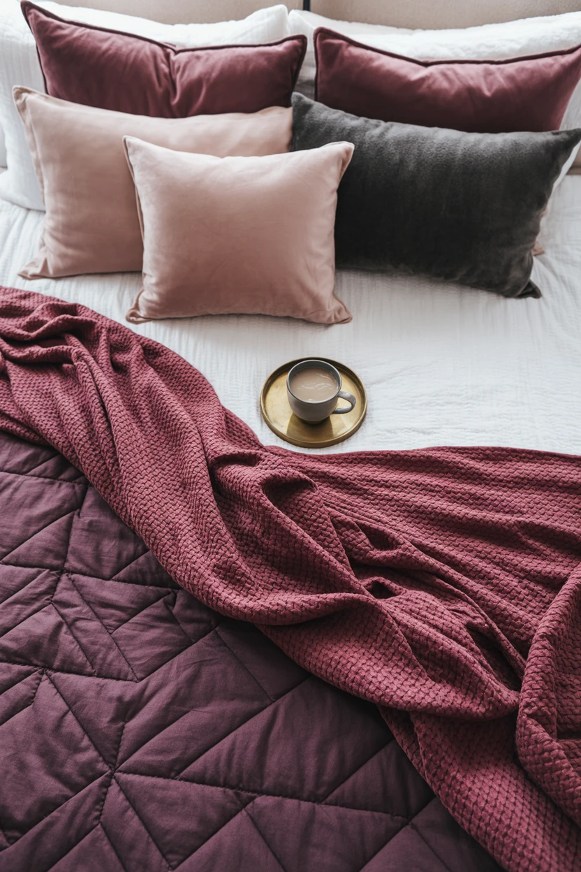 Layered Burgundy Bedding and Throws