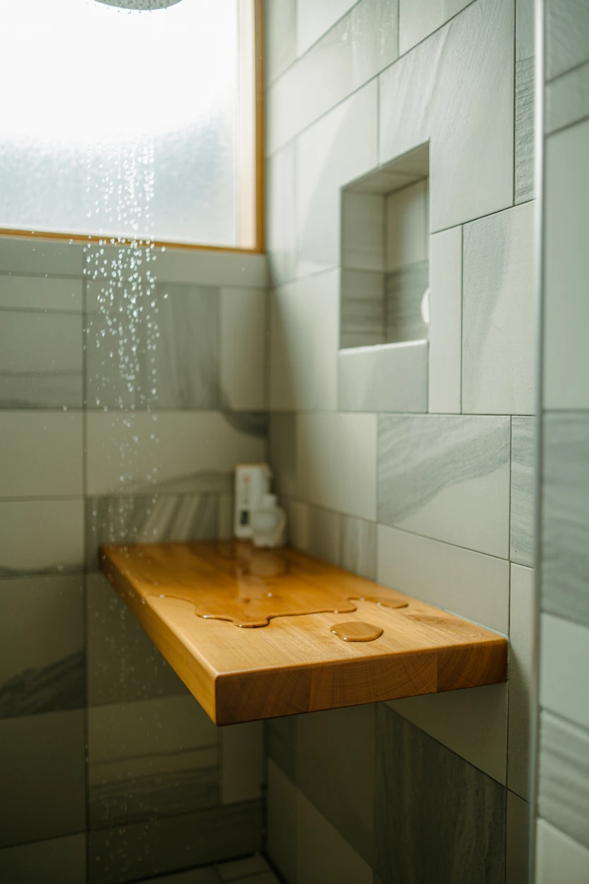 Add a Floating Teak Bench Inside a Walk-In Shower