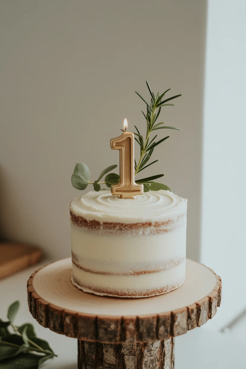 A Simple Cake on a Log Slice Stand with a Single Sprig