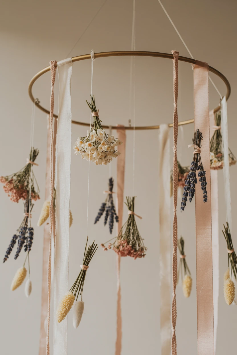 Delicate Dried Flower and Ribbon Mobile over the Gift Table