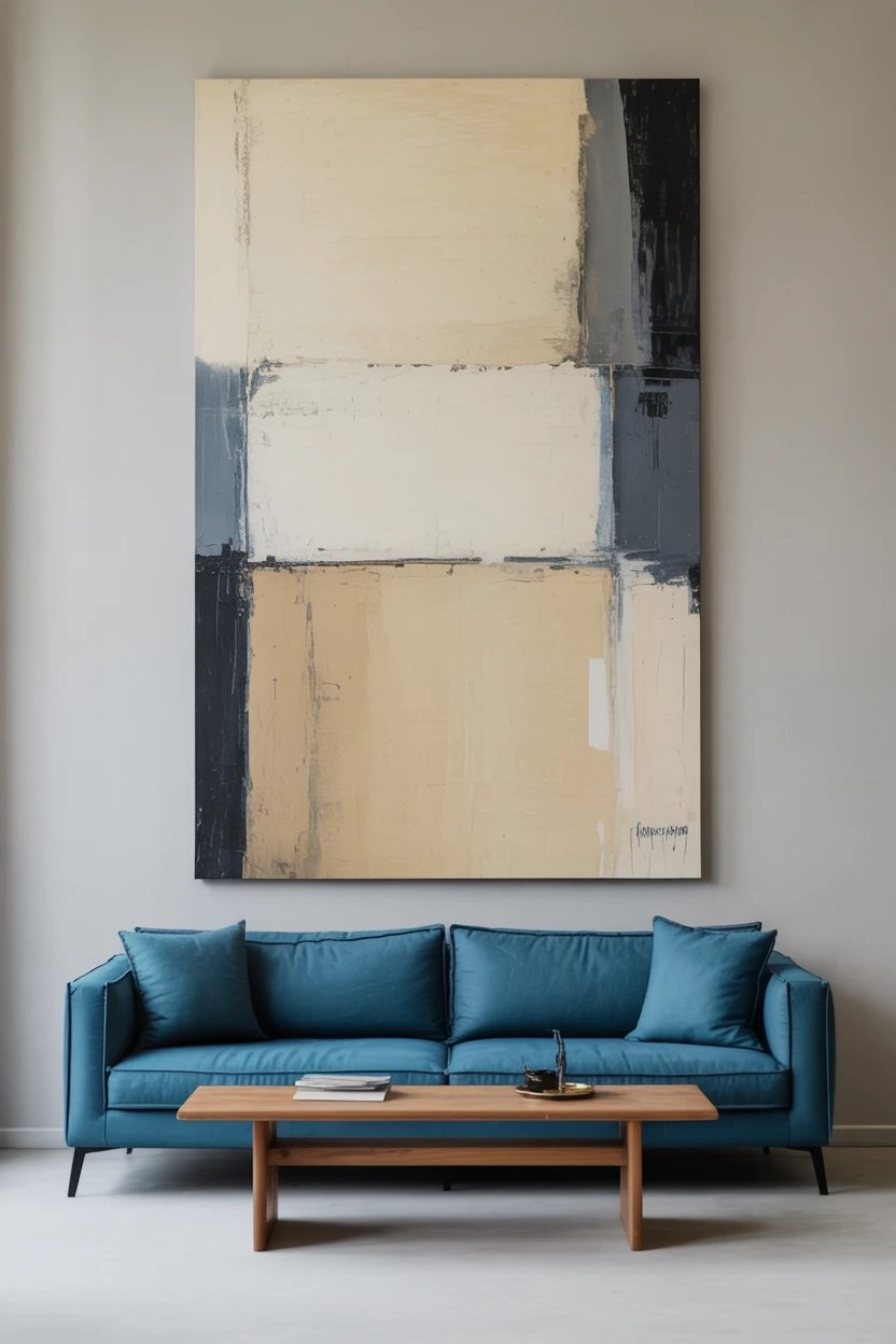 Hang a Large, Neutral Abstract Painting Above the Sofa