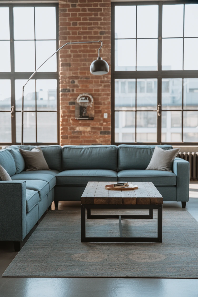 Embrace Industrial Style with a Blue Sofa and Exposed Brick