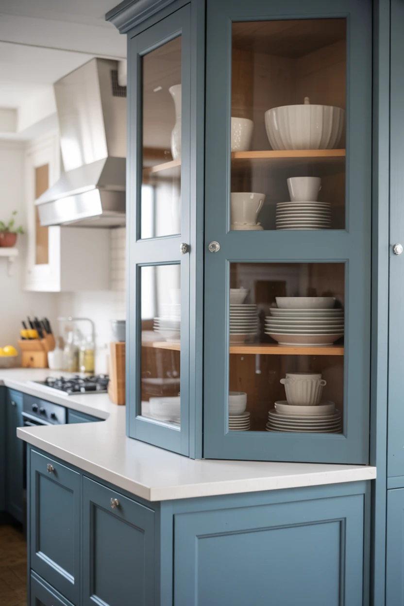 Blue Island with Glass-Front Cabinets for Display