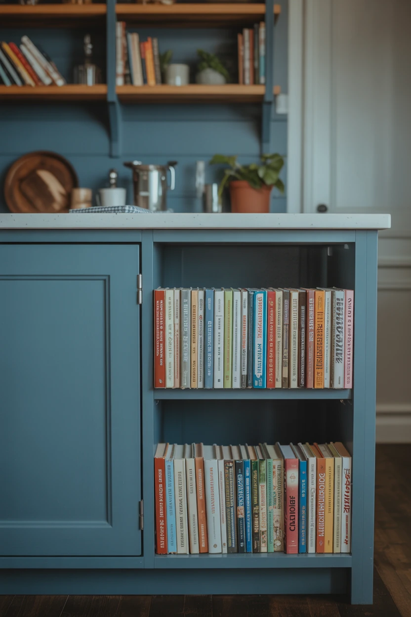 Blue Island with Open Shelving on the End for Cookbooks