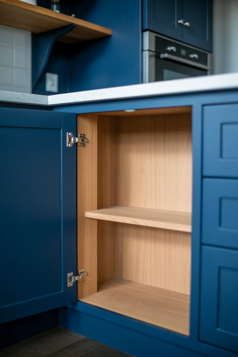 Blue Island with Contrasting Wood Interior Cabinets