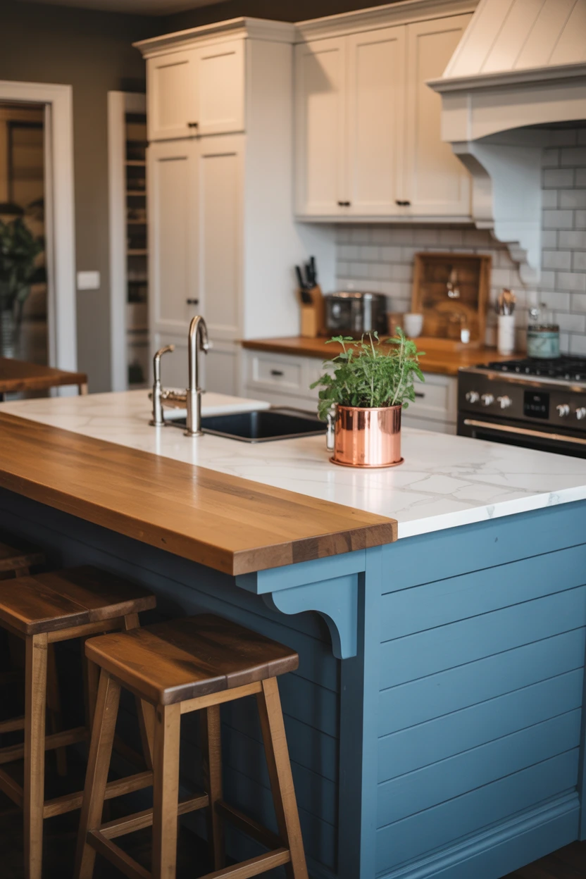 Farmhouse-Style Island with Shiplap and a Butcher Block Section