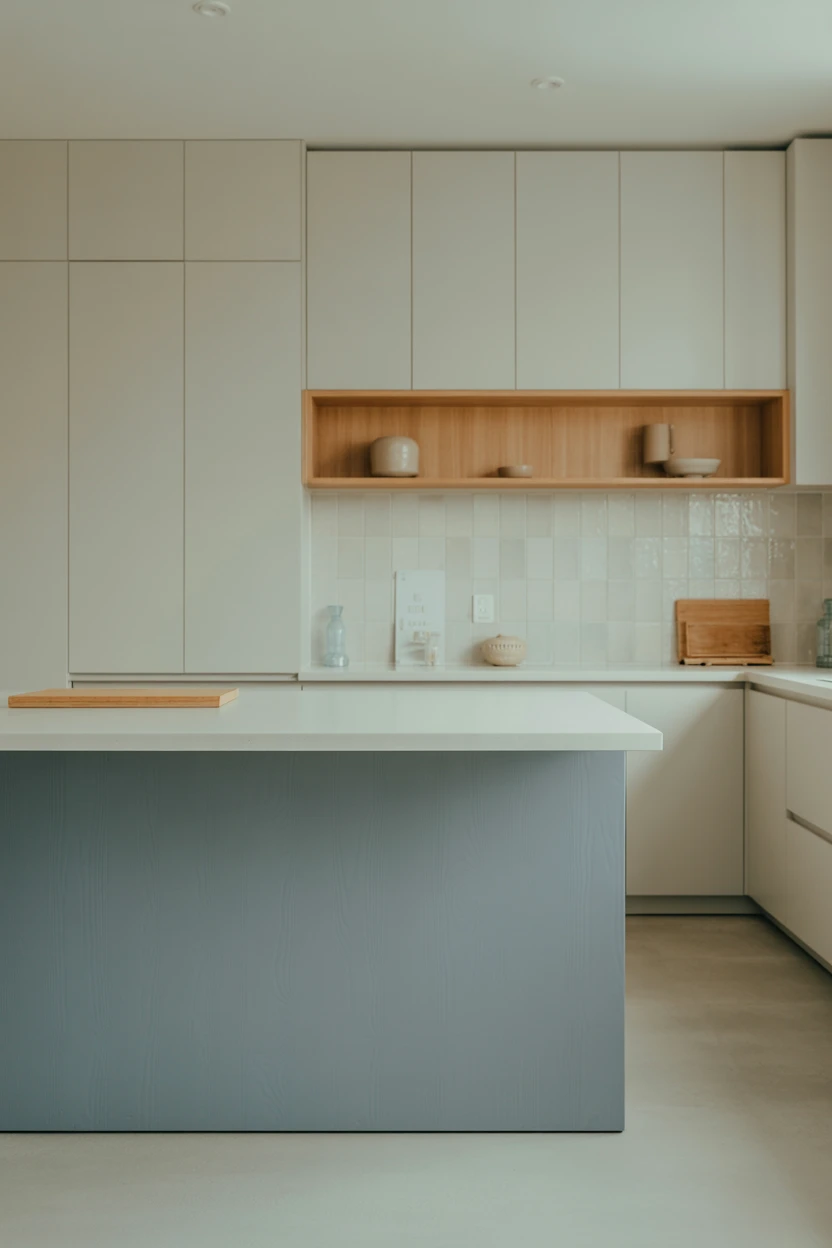 Understated Grey-Blue Island in a Minimalist Kitchen