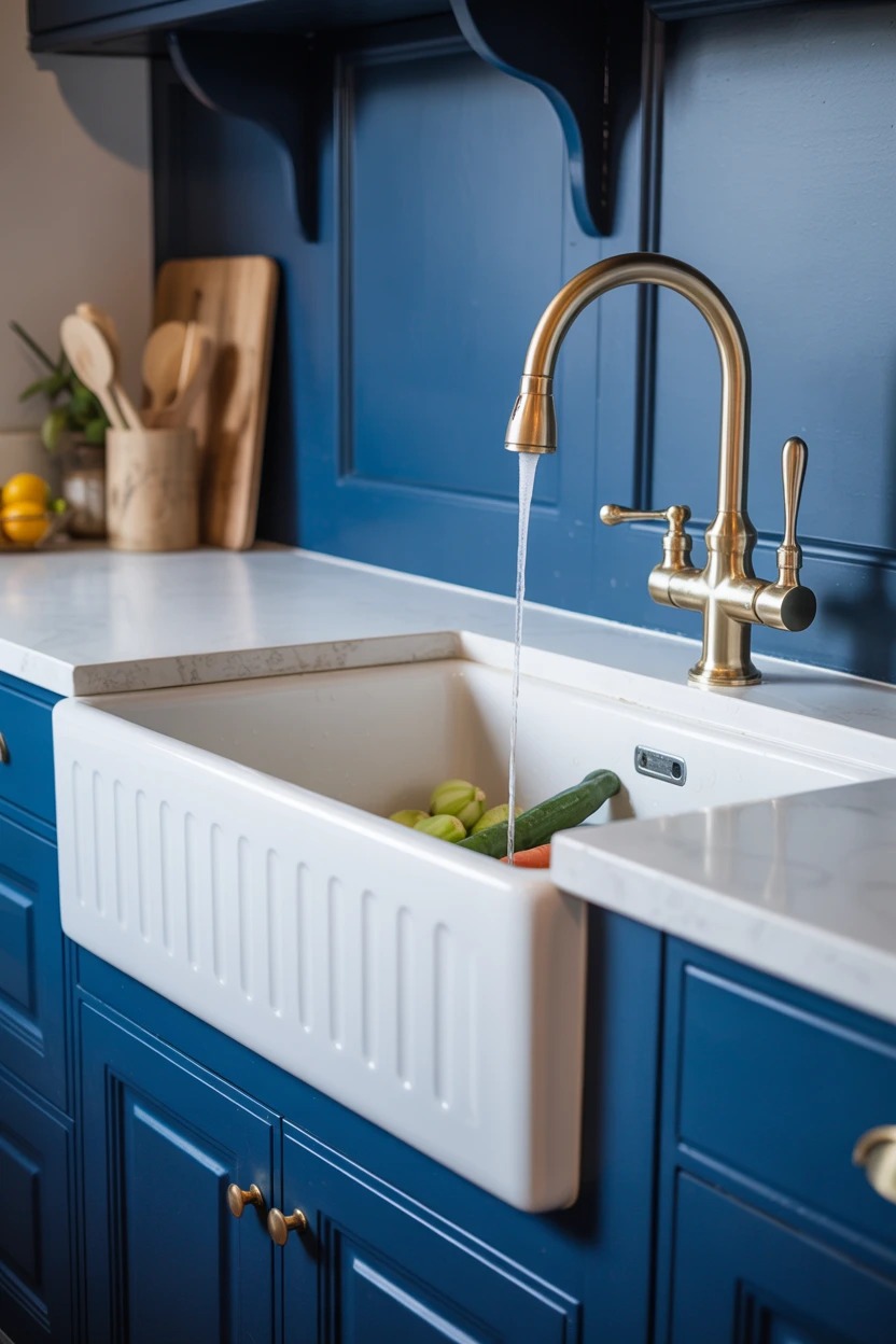 Blue Island with a Contrasting White Apron-Front Sink