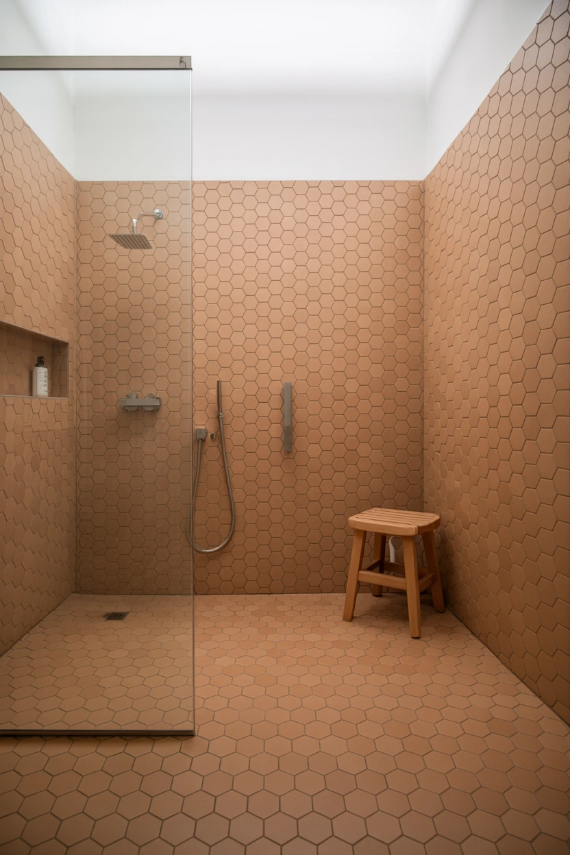 Terracotta Floor Flowing into the Shower