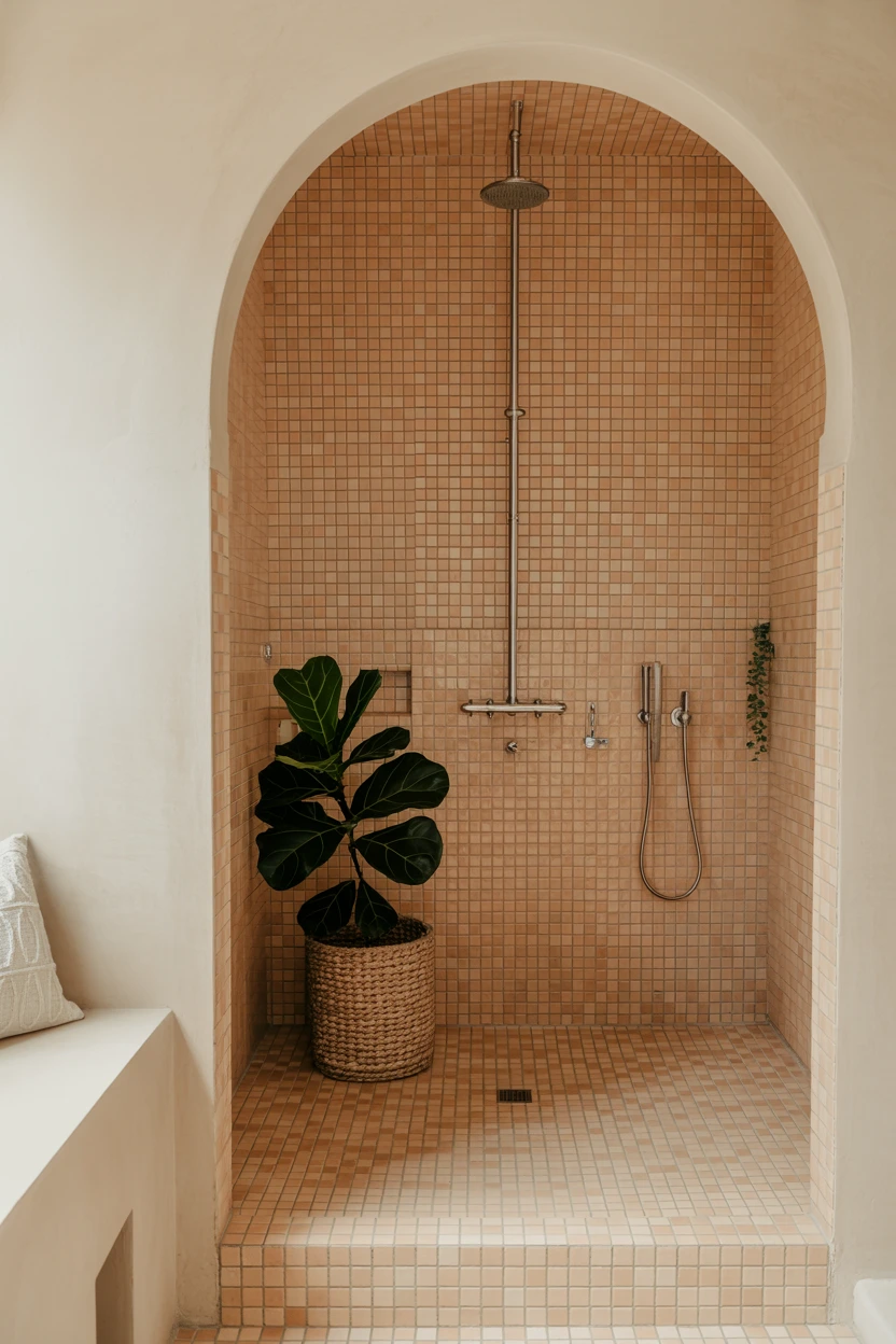 An Arched Shower Entrance with Terracotta