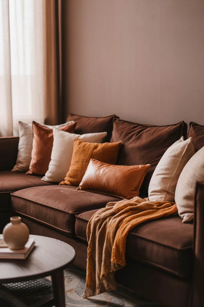 Anchor the Space With a Deep Chocolate Velvet Sofa