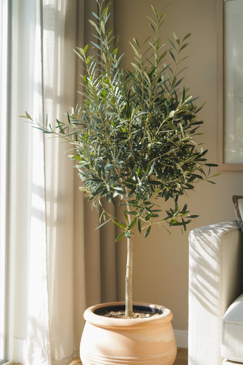 Introduce a Potted Olive Tree in a Terracotta Planter