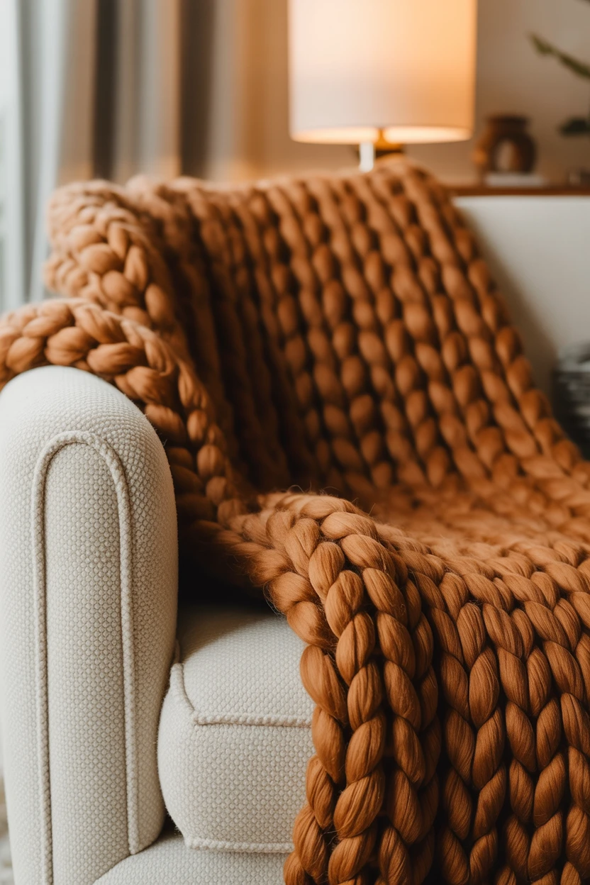 Drape a Chunky Knit Throw in a Rich Caramel Hue