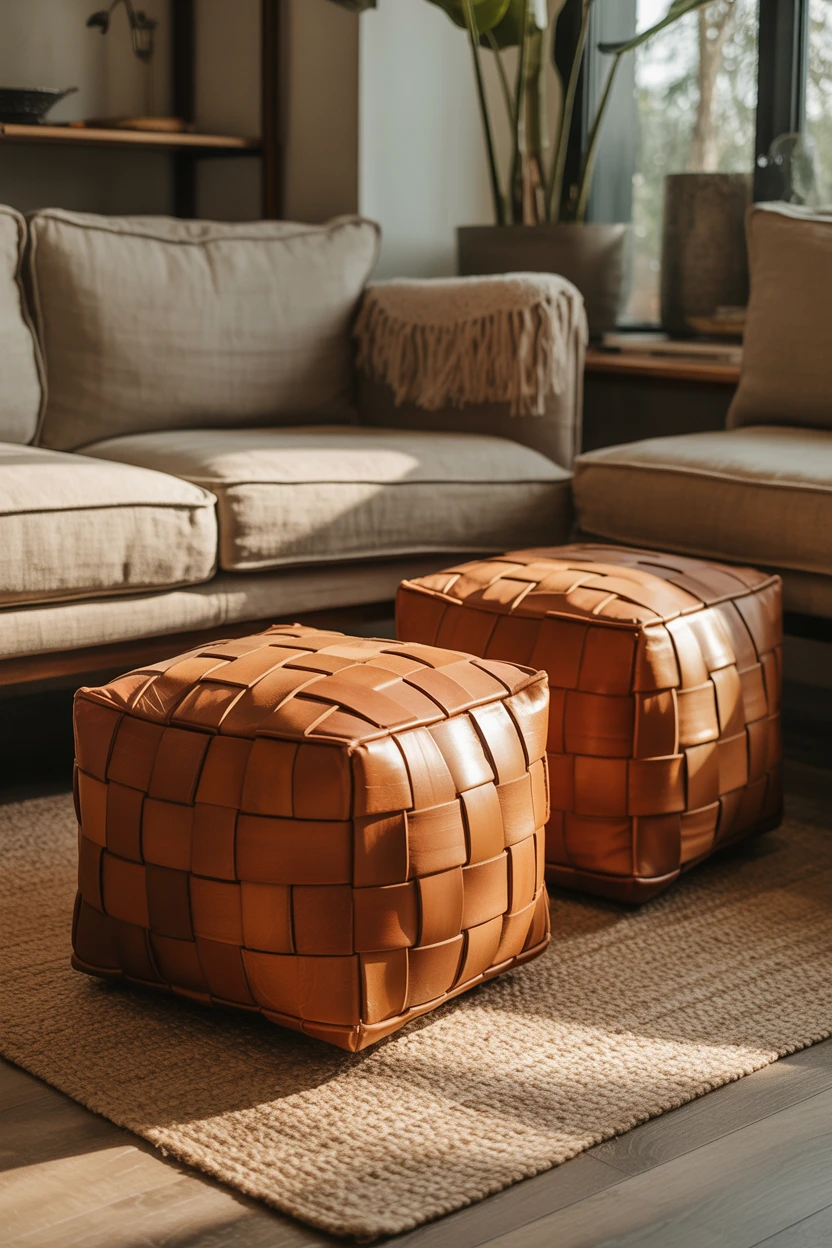 Add a Pair of Woven Leather Floor Poufs