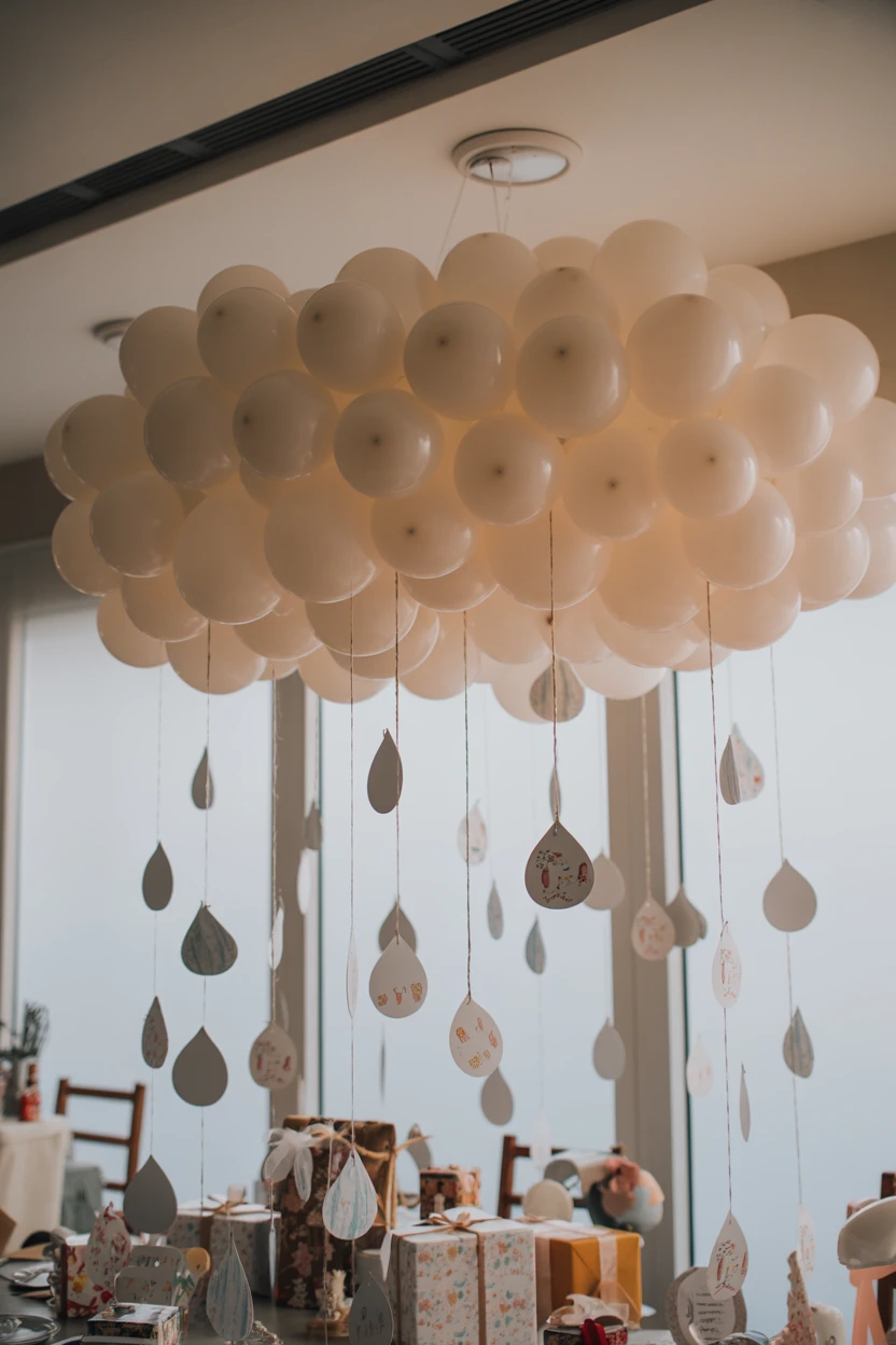 Build a Cloud of White Balloons with Pastel Raindrops