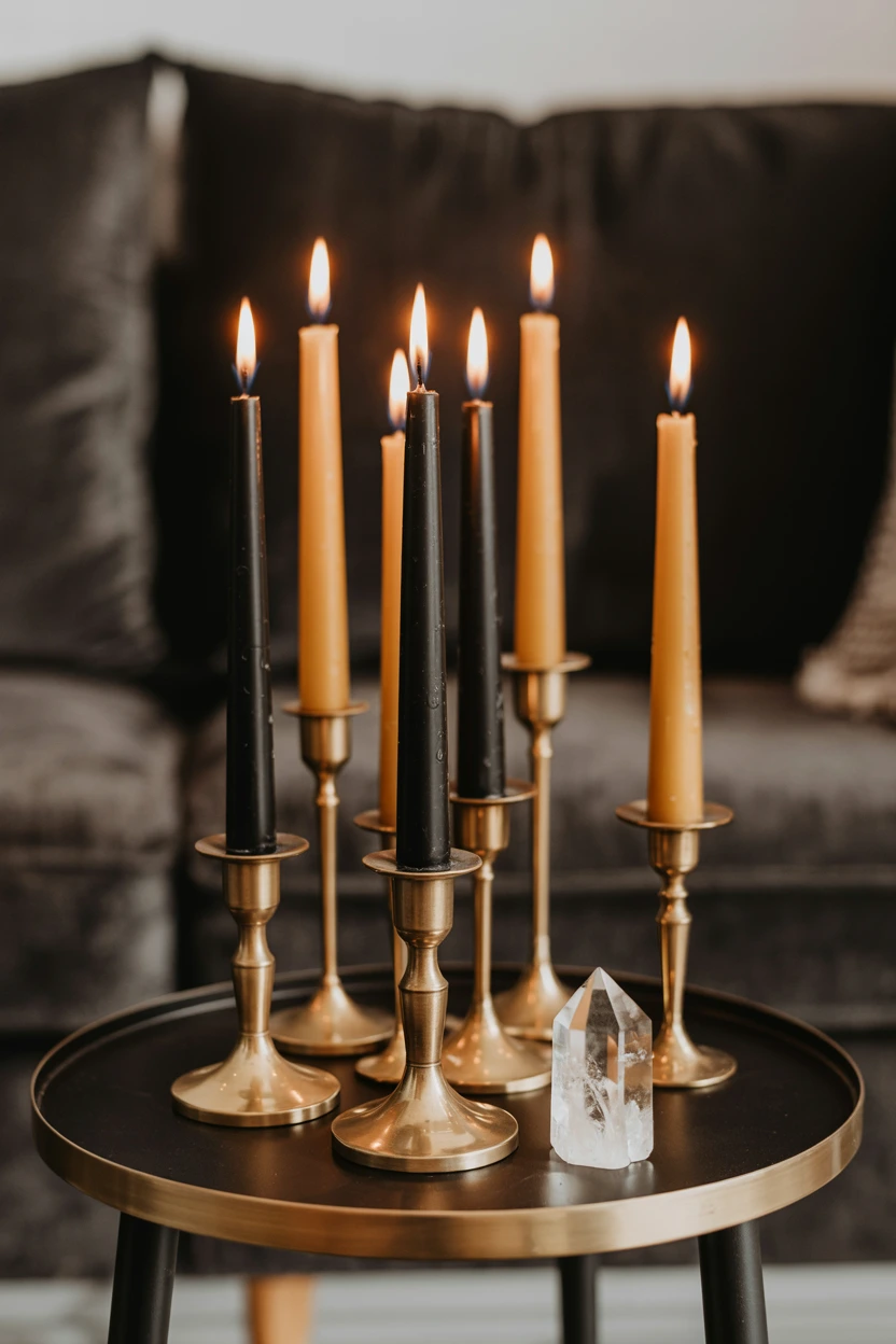 Group Black and Beeswax Taper Candles in Vintage Brass Holders