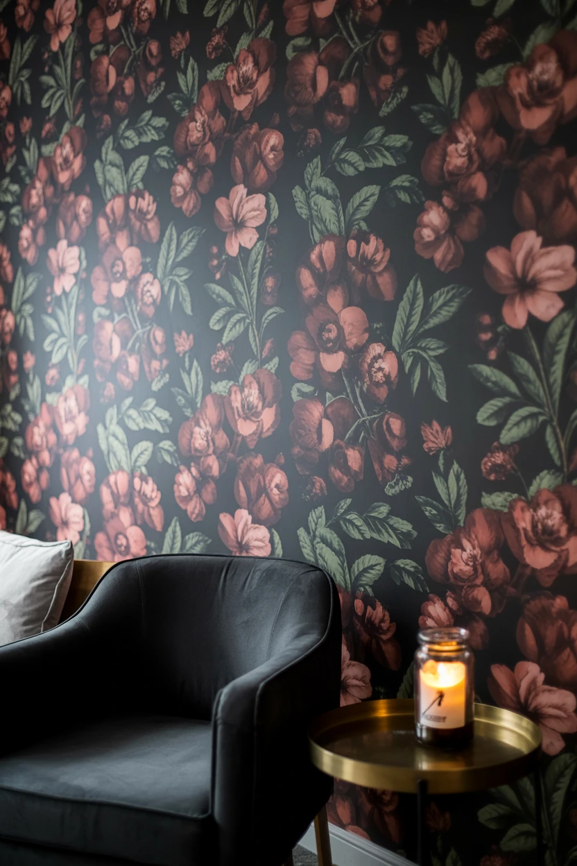Utilize a Dark Floral or Botanical Wallpaper on an Accent Wall