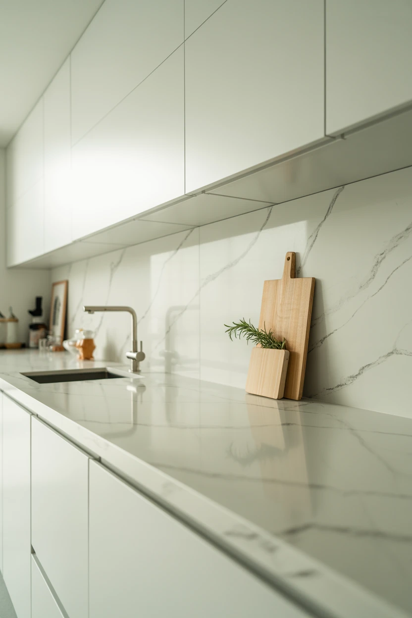Pair Flat-Panel White Cabinets with a Marble-Look Quartz Countertop