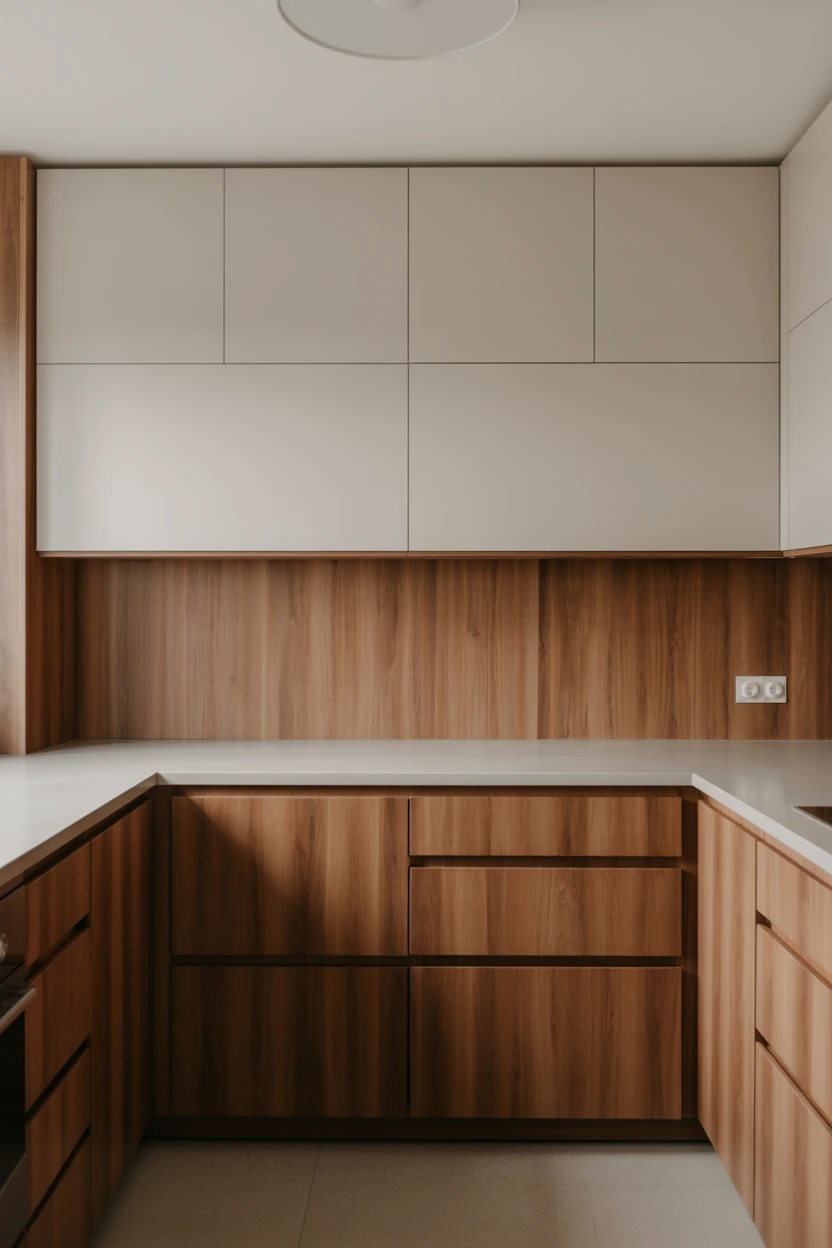 Use Two-Tone Cabinets with White Uppers and Wood Lowers