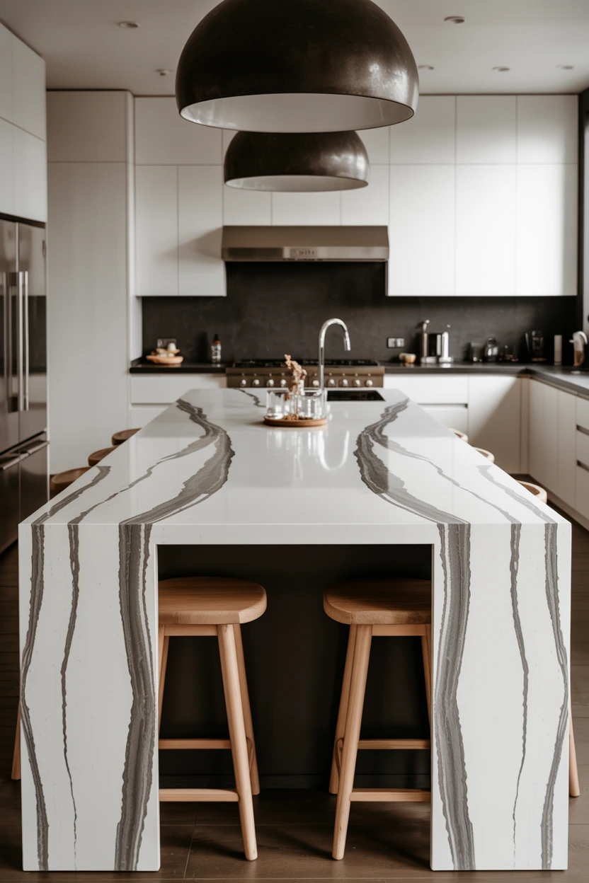 Add a Dramatic Waterfall Island with a Quartz Countertop
