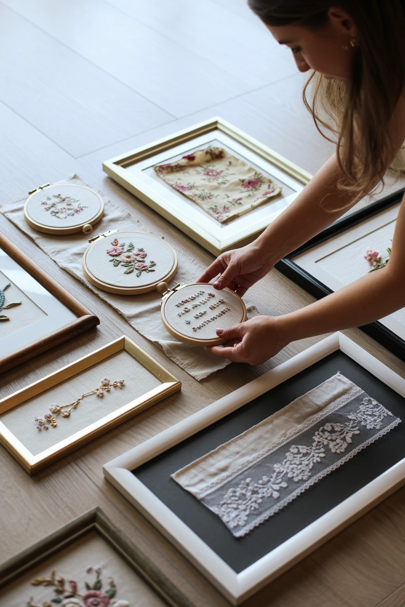 Framed Vintage Fabric and Embroidery