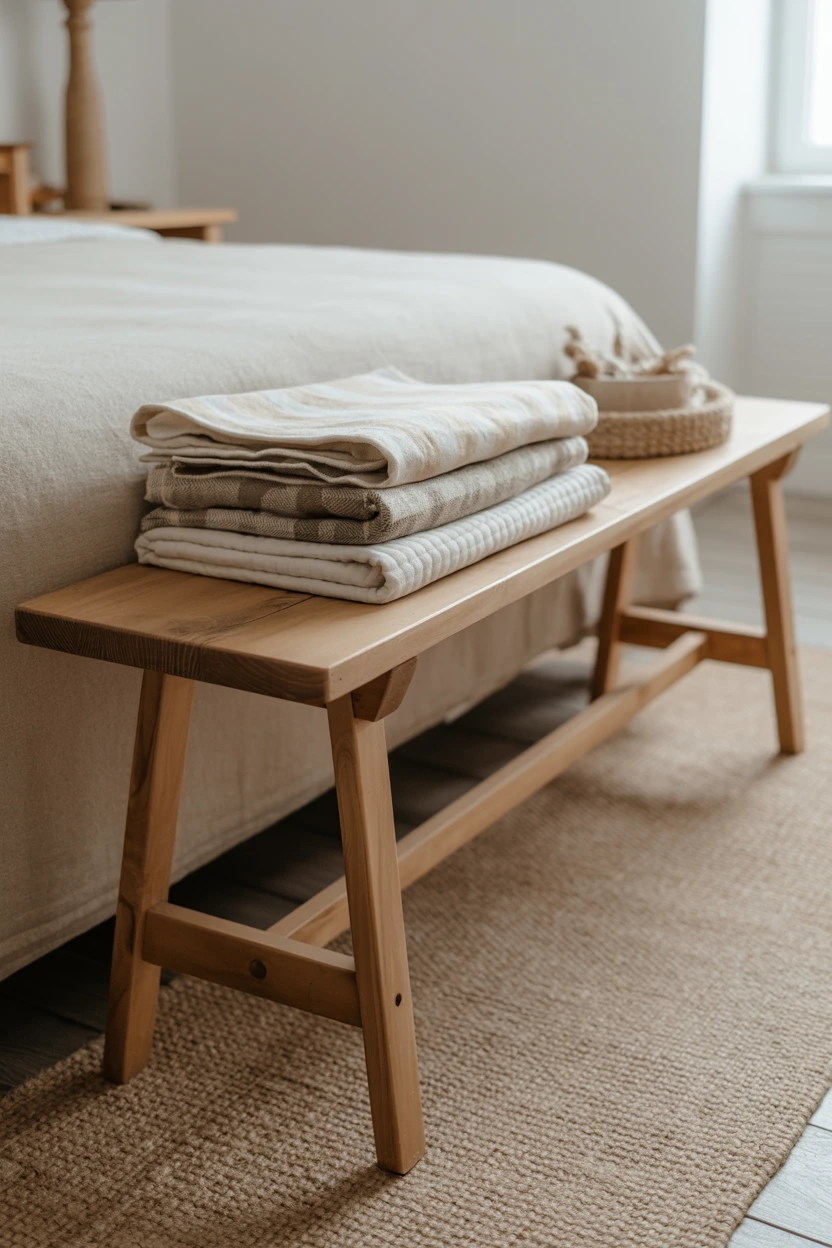 A Wooden Bench at the Foot of the Bed