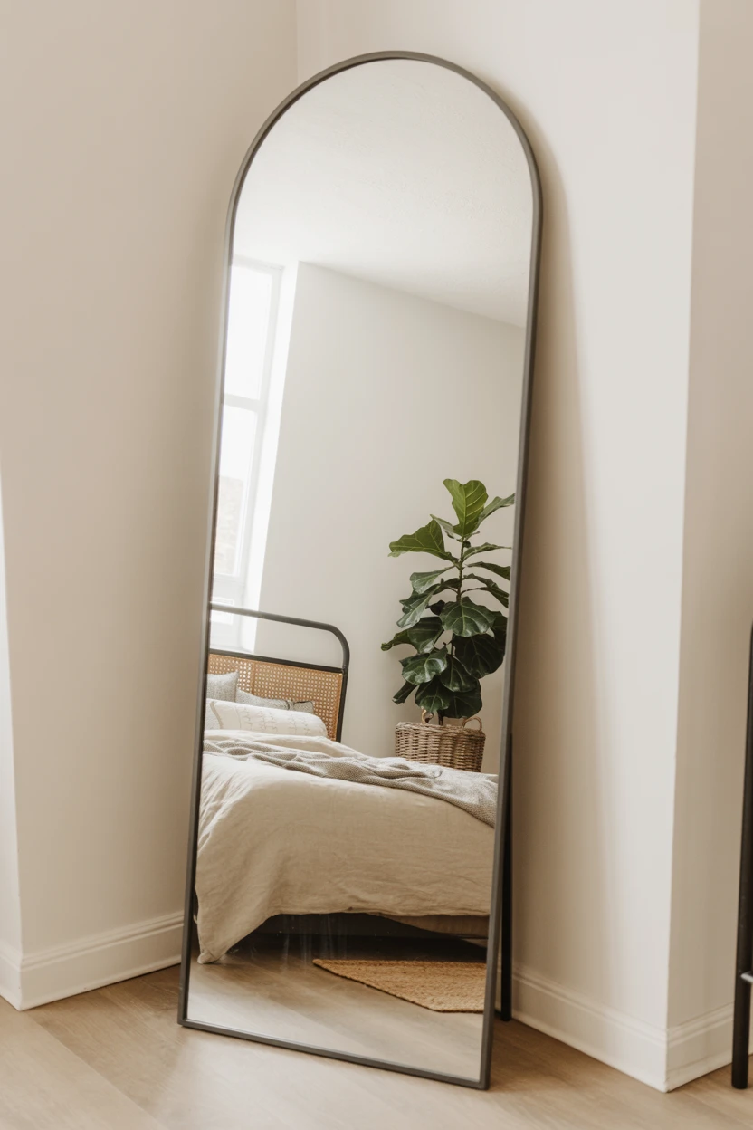 An Arched Floor Mirror Leaning Against the Wall