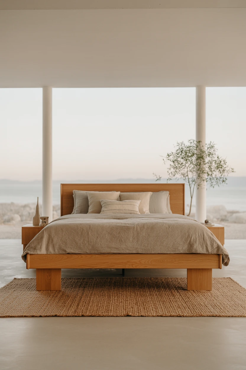 A Low-Slung Wooden Bed Frame