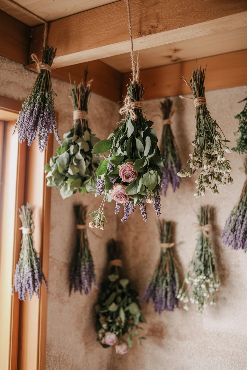 Hang Dried Herb Bundles and Flowers from the Ceiling