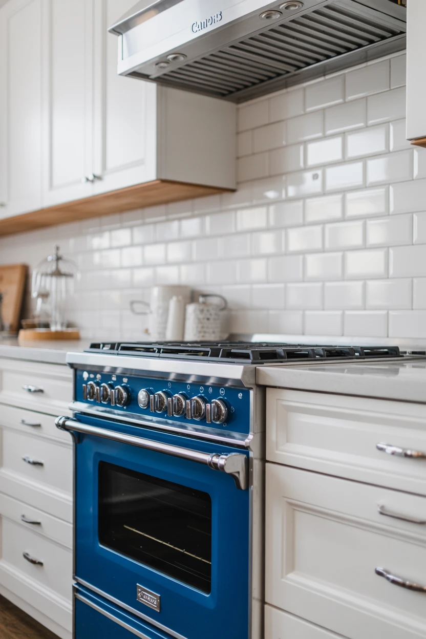 White Kitchen with a Bold Blue Range