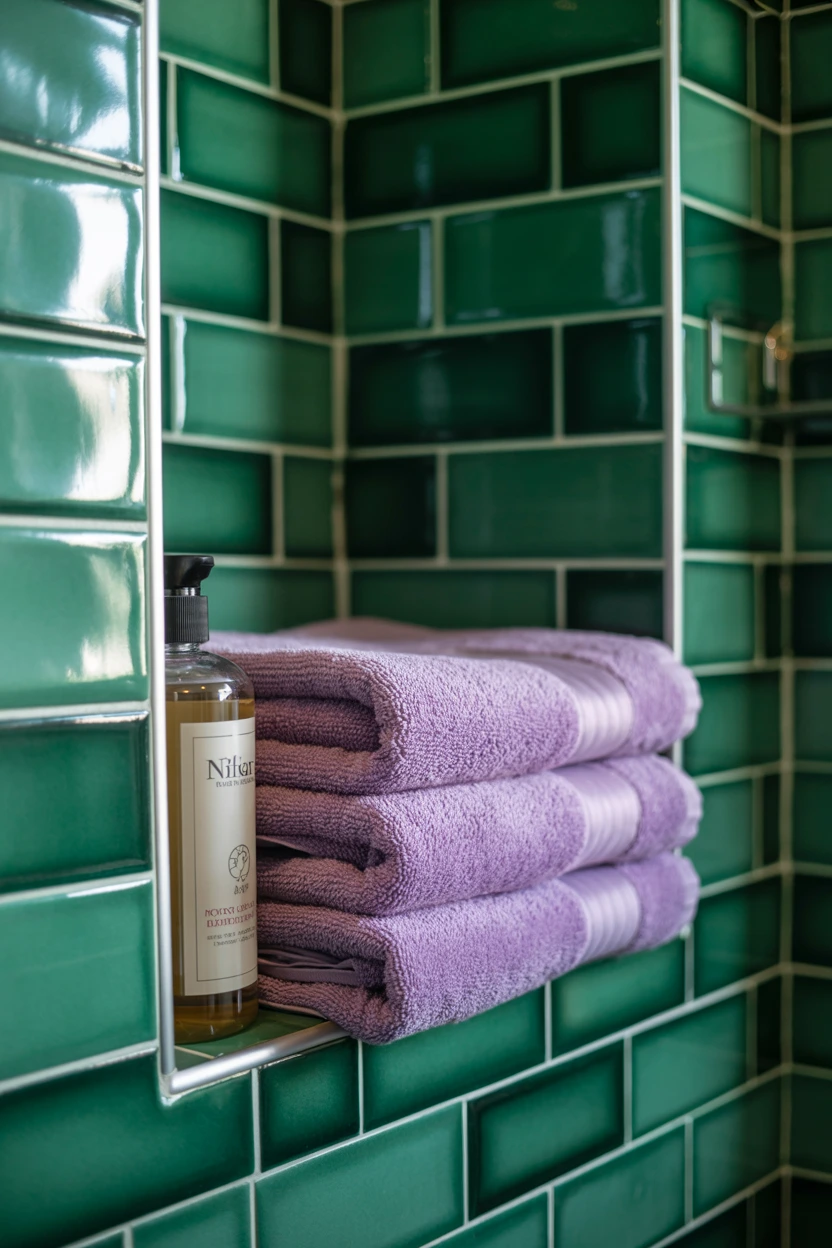 Emerald Green Shower Tile and Lavender Towels