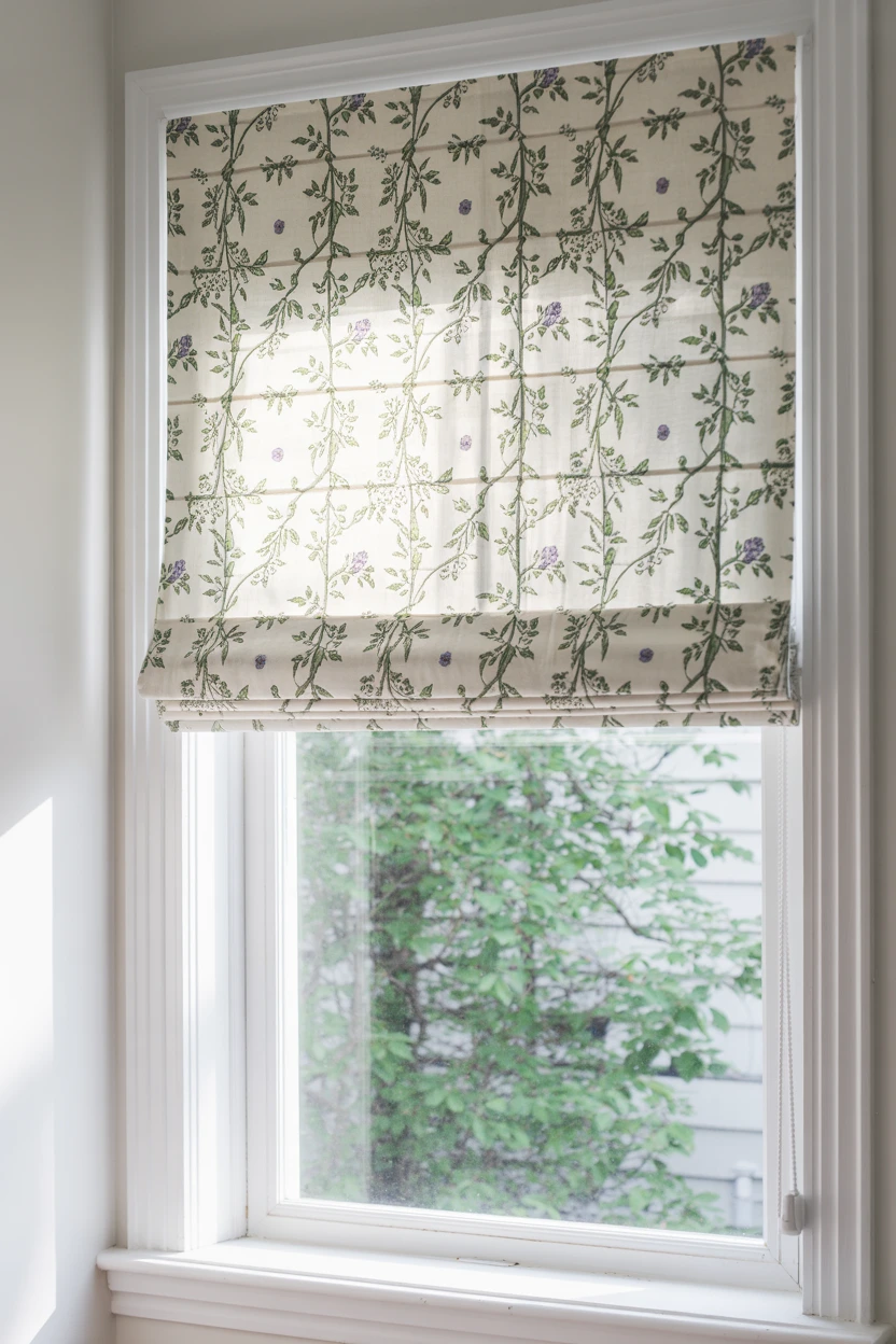 Window Treatments with a Purple and Green Print